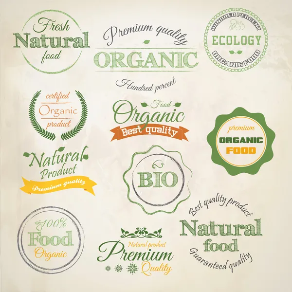 Retro stylad ekologiska livsmedel labels.vector Royaltyfria Stockvektorer