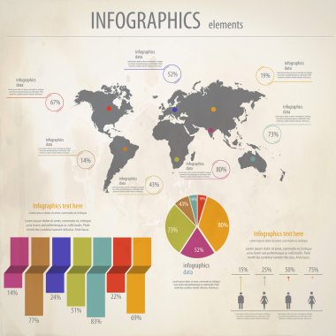 Retro infographics küme. Dünya grafik harita ve bilgi. Vect