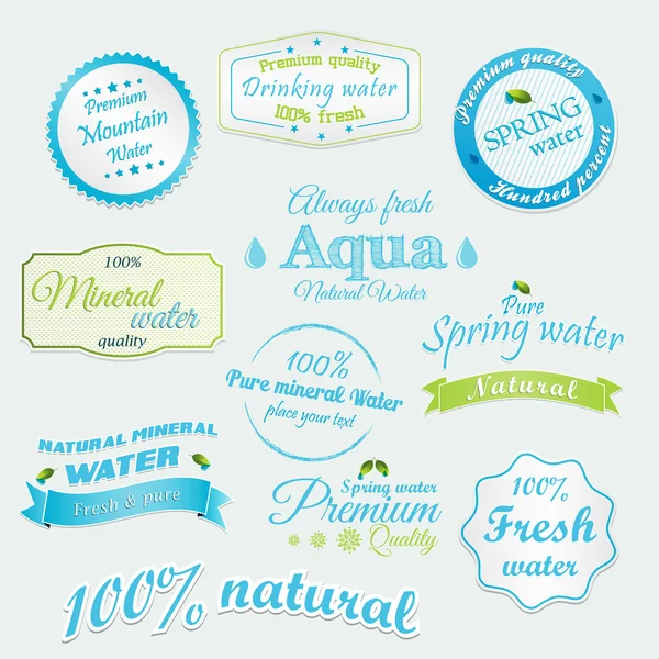 Etiquetas y pegatinas de agua potable y mineral. Vector — Vector de stock