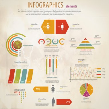 Retro infographics küme. Dünya grafik harita ve bilgi. Vect