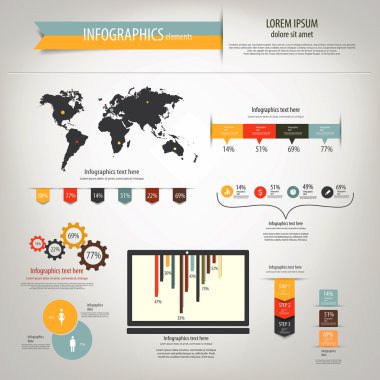 Retro infographics küme. Dünya grafik harita ve bilgi. Vect