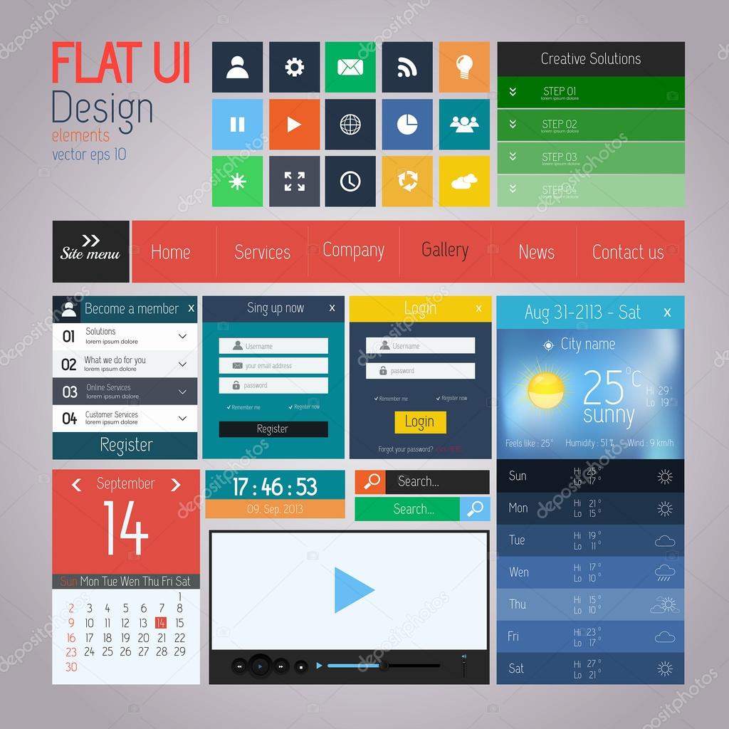 UI elements for web and mobile. Flat design. Vector