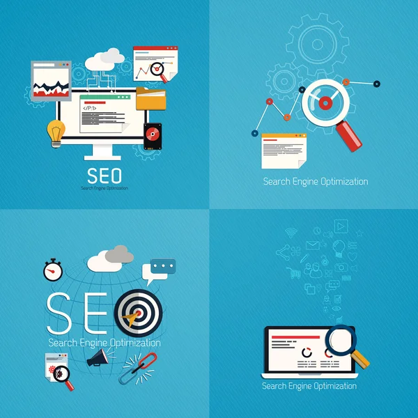 Concept plat de SEO process- Analyse des données SEO. Vecteur — Image vectorielle