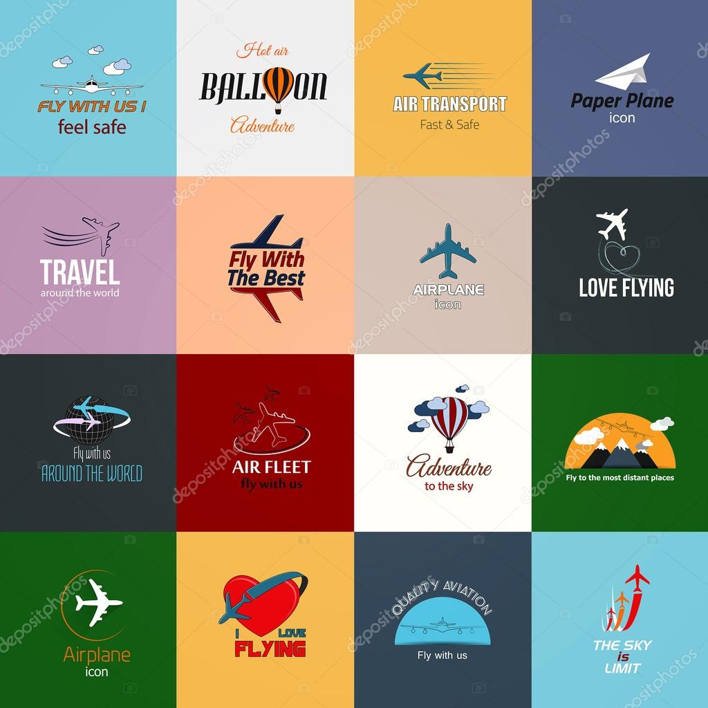 Airplane icons cards. Modern travel icons set. Vector