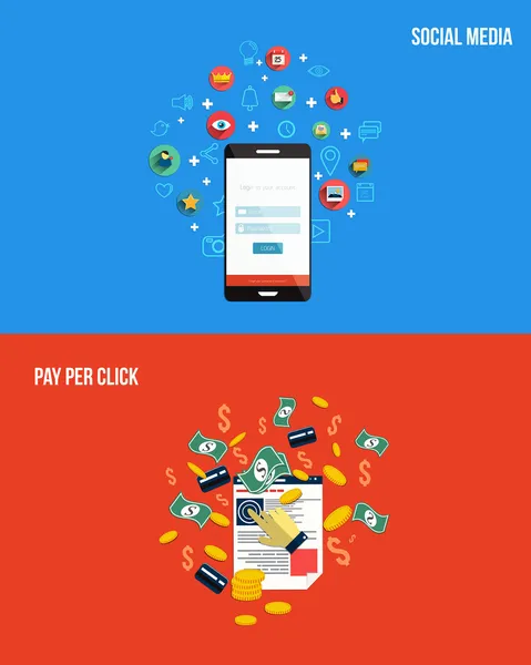 Εικονίδια για pay per click και κοινωνικών μέσων μαζικής ενημέρωσης. επίπεδη στυλ. διάνυσμα — Διανυσματικό Αρχείο