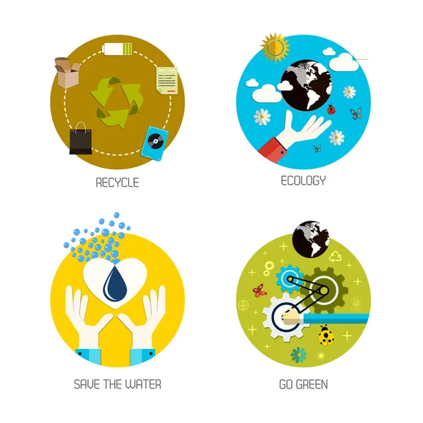 Pictogrammen voor recycle, ecologie, opslaan het water, gaan groen. vlakke stijl — Stockvector