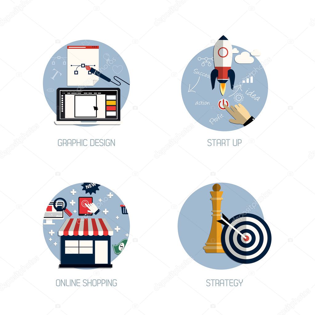 Icons for graphic design, start up, online shopping and strategy. Flat style. Vector