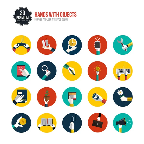 Mãos com ícones de objeto definidos. Design plano — Vetor de Stock