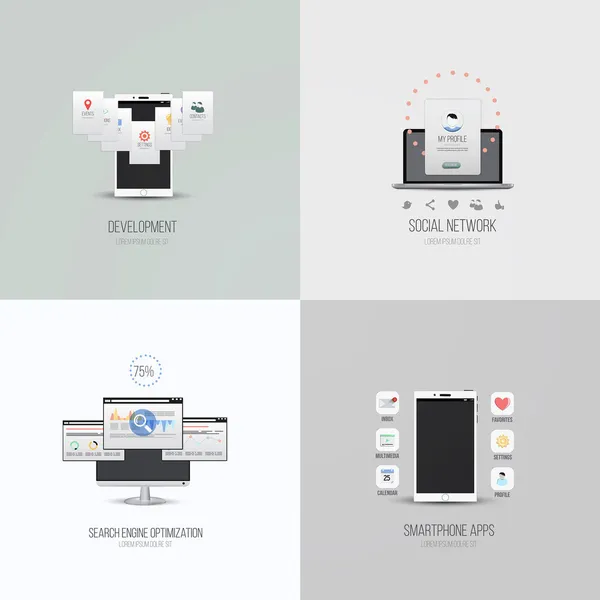 Icônes et éléments de l'interface utilisateur pour applications smartphone, développement, recherche e — Image vectorielle