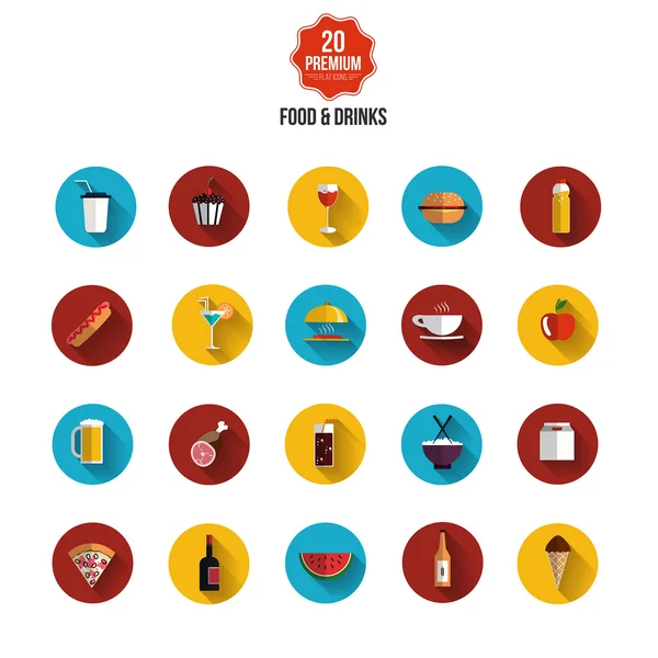 Comida y bebida iconos planos — Vector de stock