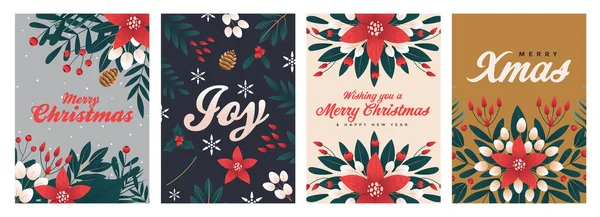 一套圣诞和新年快乐花卉卡片模板 圣诞贺卡是用树枝 浆果和树叶装饰而成的 病媒图解 — 图库矢量图片