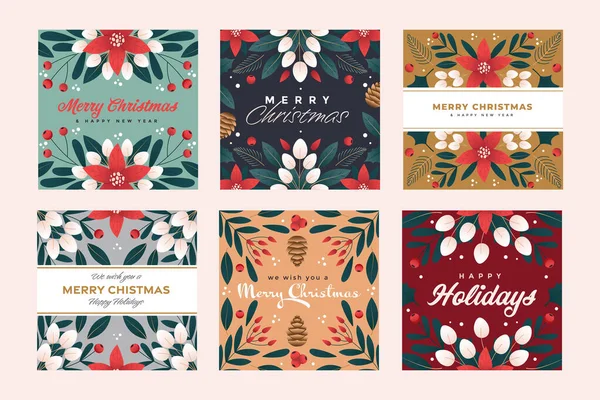 Ensemble Modèles Cartes Florales Noël Bonne Année Cartes Noël Design — Image vectorielle