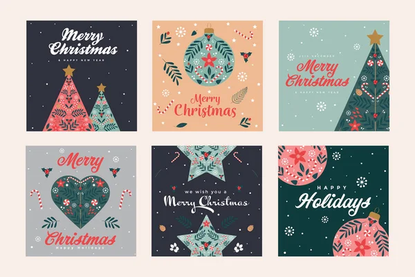 Conjunto Plantillas Tarjetas Florales Navidad Feliz Año Nuevo Diseño Tarjetas — Archivo Imágenes Vectoriales