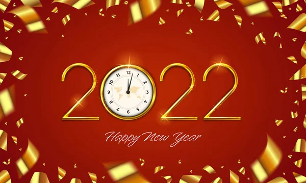 Feliz Ano Novo 2022 Número Metal Dourado Fundo Vermelho Festivo — Vetor de Stock