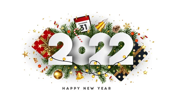 Felice Anno Nuovo 2022 Numeri Rami Abete Verde Ornamenti Vacanza — Vettoriale Stock