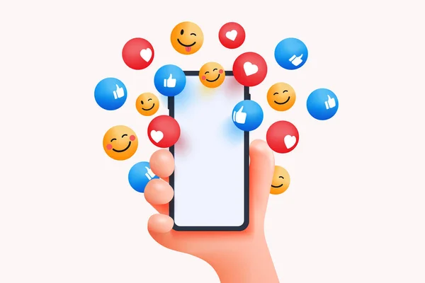 Modern Cartoon Hand Holding Smartphone Likes Hearts Smile Notification Icons — Stockvector