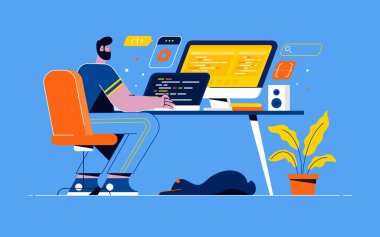 Genç programcı çalışma projesine odaklandı. Programlama ve kodlama teknolojileri geliştiriliyor. Şifreli ekran, görevli geliştirici. Bilgisayar ve bilgisayar kullanan inek kodlama yazılımı. Vektör illüstrasyonu