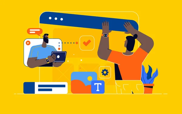 若いデザイナーがプレゼンテーションをしたり 新しいプロジェクトを準備したりします Webデザイナーのクリエイティブチームは 新しいWebサイト ランディングページ またはモバイルアプリケーションをプロトタイプ作成します チームワークの概念 ベクターイラスト — ストックベクタ