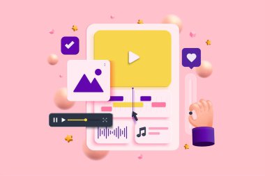 Music Video Edits, Cuts Video ve pazarlama bilgisayar monitörü, hareket, vlog, film. Pembe arka planda çizgi film tarzı. 3B vektör illüstrasyonu