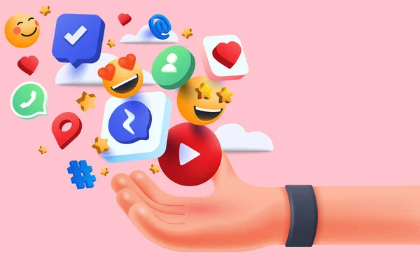 Hand Holding Social Media Iconen Online Social Communicatie Toepassingen Concept — Stockvector