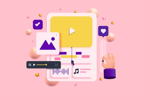 音乐视频编辑 视频剪辑和销售电脑监控 Vlog 粉色背景的卡通简约风格 3D矢量插图 — 图库矢量图片