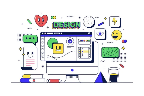 Graphic Design Concept Table Computer Related Icons Flat Line 90S — ストックベクタ