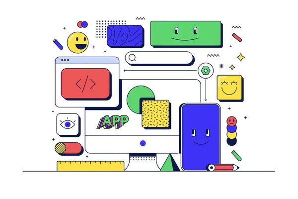 App Development Concept Mobile Phone Related Icons Flat Line 90S — ストックベクタ