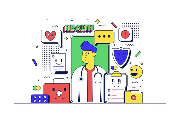 Conceito Cuidados Saúde Online Aplicativo Saúde Ícones Relacionados Estilo Cartoon — Vetor de Stock