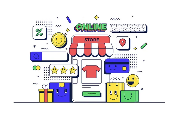 Conceito Compras Online Telefone Celular App Shopping Ícones Relacionados Estilo — Vetor de Stock