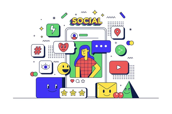 Social Media Concept Mobile Phone Related Icons Flat Line 90S — стоковый вектор