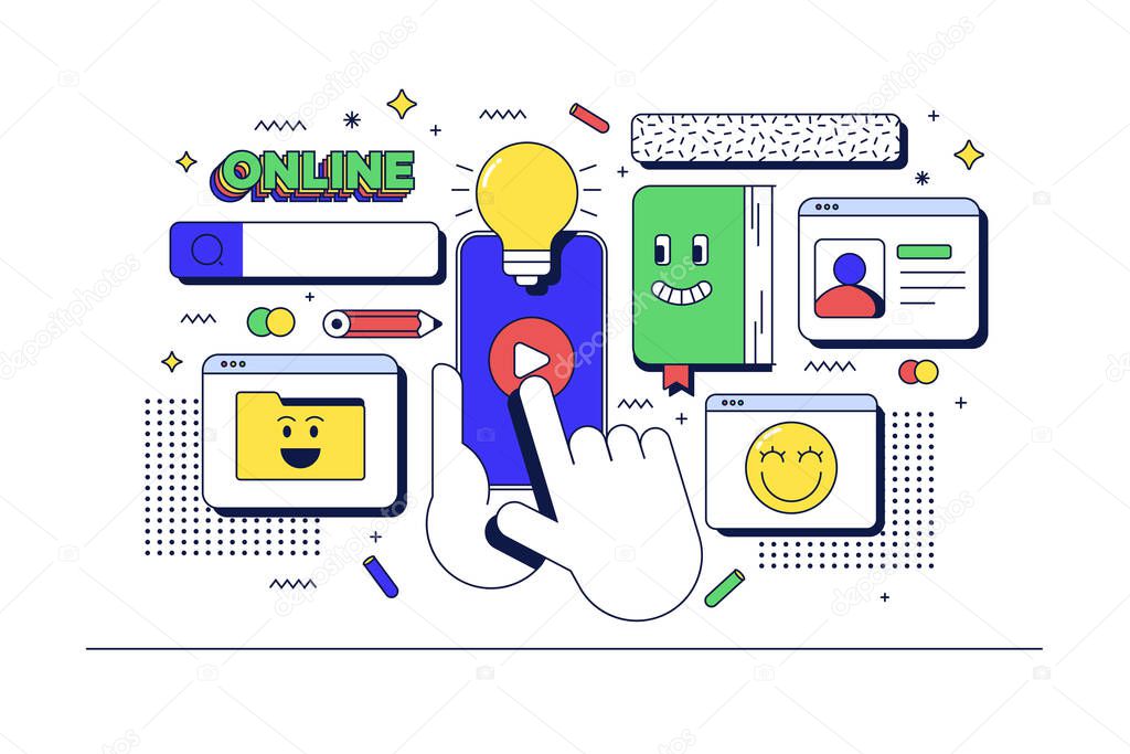 Online Education concept. Table with computer and related icons. Flat line 90s cartoon style. Vector illustration