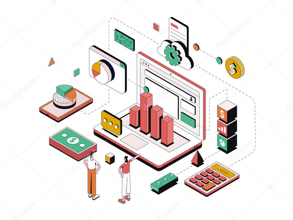Modern isometric design illustration of Data Analysis. Seo Expert concept. Can be used for website and mobile website or Landing page. Easy to edit and customize. Vector illustration