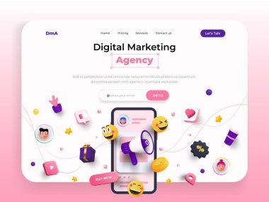 Dijital Pazarlama Ajansı 'nın iniş sayfası şablonu. Sosyal medya pazarlama, tanıtım ve internet reklamcılığı konsepti. Web sitesi ve mobil web sitesi için modern 3D tasarım konsepti. Düzenlemek ve kişiselleştirmek kolay. Vektör illüstrasyonu