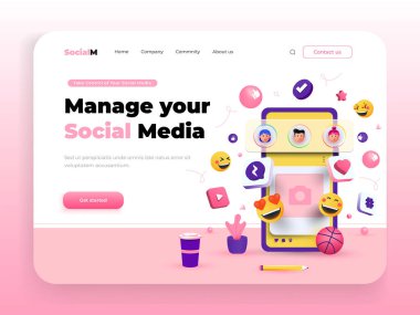 Sosyal Medya Yönetimi 'nin iniş sayfası şablonu. 3D Sosyal medya platformu, çevrimiçi sosyal iletişim uygulamaları konsepti. Web sitesi ve mobil web sitesi için modern 3D tasarım konsepti. Düzenlemek ve kişiselleştirmek kolay. Vektör illüstrasyonu