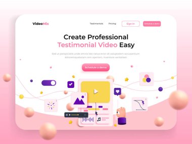 İfade videosunun iniş sayfası şablonu. Music Video Edits, Cuts Video ve pazarlama bilgisayar monitörü, hareket, vlog, film. Web sitesi ve mobil web sitesi için modern 3D tasarım konsepti. Düzenlemek ve kişiselleştirmek kolay. Vektör çizimi