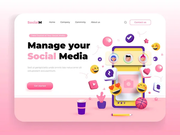 Modelo Landing Page Social Media Management Plataforma Mídia Social Conceito — Vetor de Stock