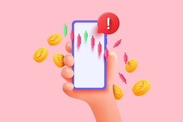 Illustration Downtrend Candle Sticks Warning Mobile Phone Holding Hand Downtrend — Vettoriale Stock