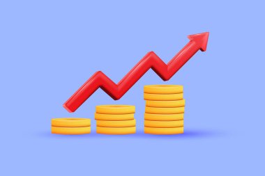 Red up arrow and coin stacks on pastel background. Financial success and growth concept. 3D Vector illustration