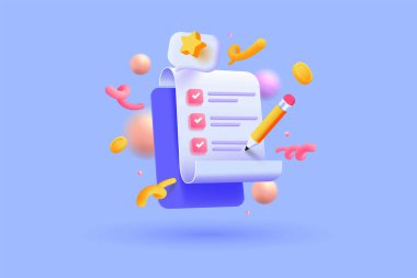 Mor arkaplandaki 3D pano ve kalem. Not defteri çizimi. 3d vektör illüstrasyonu