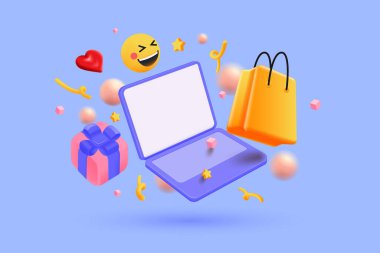 3D online alışveriş, yüzen dizüstü bilgisayar, hediye kutusu, alışveriş çantası ve elementler. Güvenli online alışveriş konsepti. 3d vektör çizim çizimi