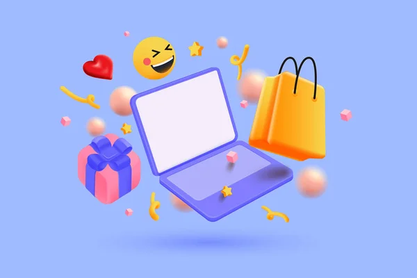 Online Shopping Schwimmender Laptop Geschenkbox Einkaufstasche Und Elemente Sicheres Online — Stockvektor