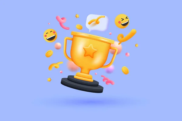 Trophy Cup Met Zwevende Chatbox Emoji Lint Geometrische Vormen Paarse — Stockvector