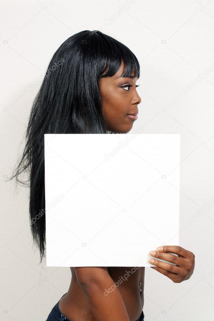Beautiful Young Woman Holding a Blank White Sign (1)