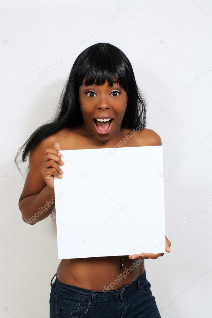 Beautiful Young Woman Holding a Blank White Sign (3)