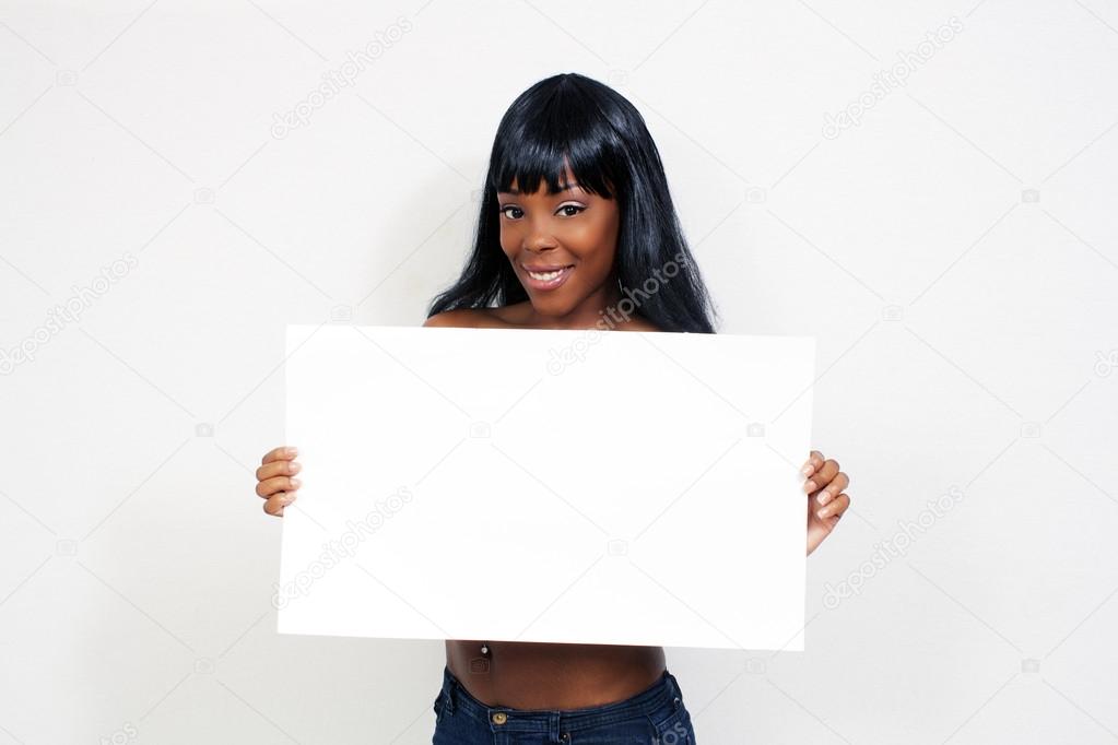Beautiful Young Woman Holding a Blank White Sign (4)
