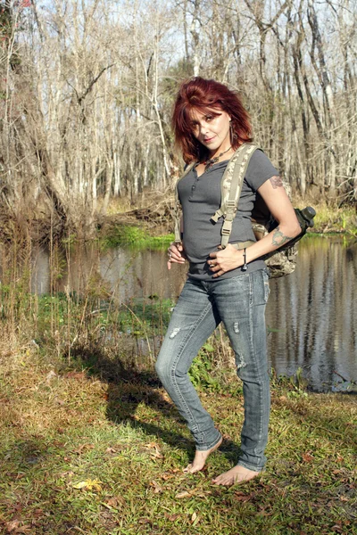 Casual Woman with Backpack Outdoors — Stock Photo, Image