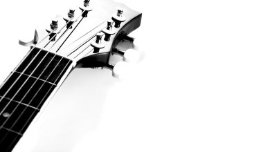 gitar. fretboard. siyah beyaz resim.