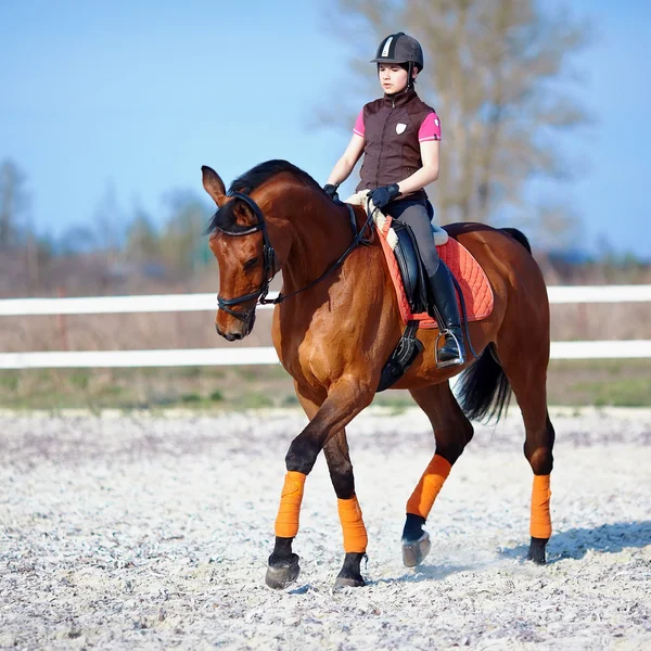 Die Reiterin auf einem roten Pferd — Stockfoto