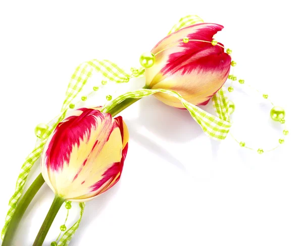 Rode en gele tulpen en groene kralen. — Stockfoto