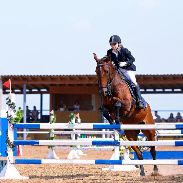 Springen op een paard door een belemmering. — Stockfoto